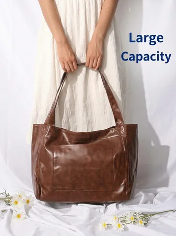 Bolso Tote Grande para Mujer Vintage de Cuero PU Encerado Bolso de Hombro Suave de Gran Capacidad Con Bolsillo Delantero Retro