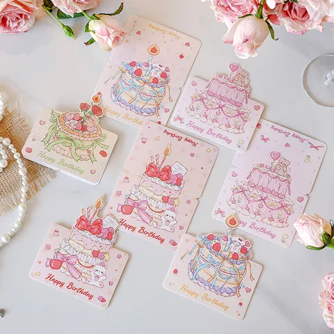 3D Cartoon Birthday Cake Greeting Cards Set Die-Cut Illustrated Happy Birthday Invitations With Envelopes For Kids Gift Stationery