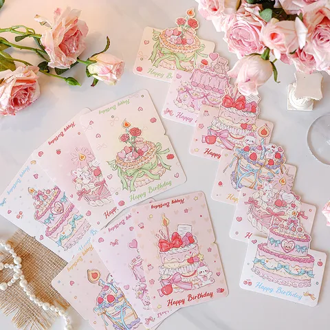 3D Cartoon Birthday Cake Greeting Cards Set Die-Cut Illustrated Happy Birthday Invitations With Envelopes For Kids Gift Stationery