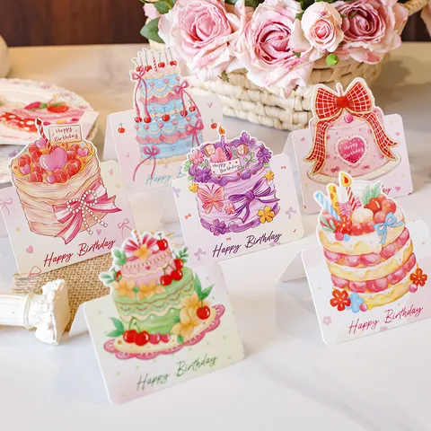 Tarjetas de Felicitación 3D de Acuarela de Feliz Cumpleaños Diseño Creativo de Pastel Tarjetas de Mensaje para Fiesta Floristería Regalo