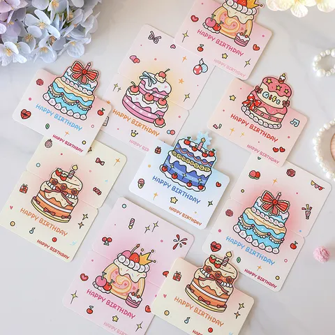3D Pop Up Birthday Greeting Card Cute Cartoon Cake Folding Blessing Cards For Friends Families Hand-drawn Style Paper Card