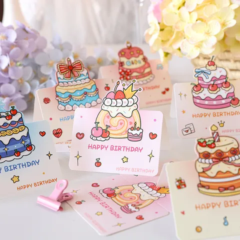 3D Pop Up Birthday Greeting Card Cute Cartoon Cake Folding Blessing Cards For Friends Families Hand-drawn Style Paper Card