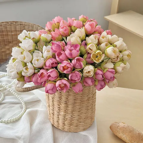 24 Head Artificial Tulip Bouquet Faux Silk Flowers For Home Living Room Wedding Decor Hand Bouquet Photo Props