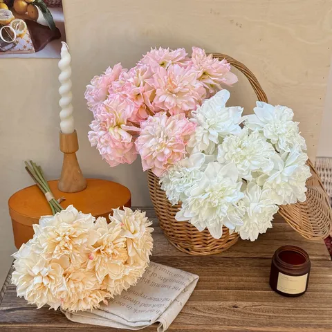 Oil Painting Style Artificial Dahlia Bouquet Satin Cloth Fake Flowers For Home Living Room Table Decor Wedding Photography