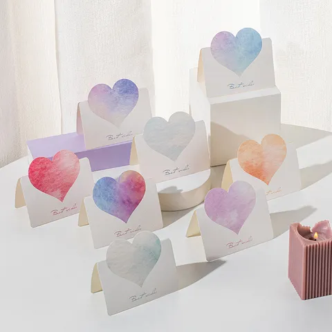 Ins Style Heart Shaped Folding Greeting Card Watercolor Gradient Best Wishes Paper Card For Birthday Valentine Christmas Gift