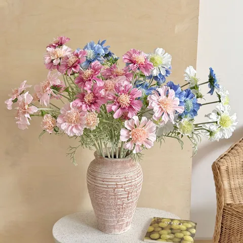 4-Kopf Künstliche Skabiose Seidenblume Realistischer Pin Cushion Stiel Für Zuhause Hochzeit Fotografie Requisiten