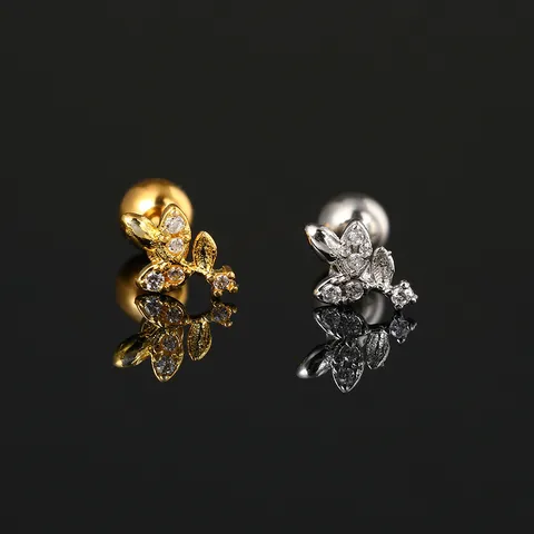 Fashion Copper Rhinestone Flower Leaf Ear Cartilage Stud Earrings With Steel Earring Post Screw Ball Piercing Jewelry For Women