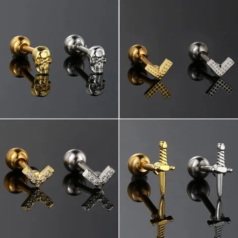 Stainless Steel Insect Skull Screw Ball Stud Earrings For Women Rhinestone Cartilage Piercing Earrings个性耳饰
