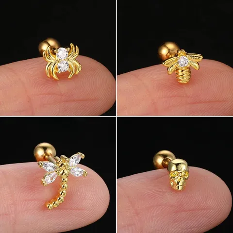 Stainless Steel Insect Skull Screw Ball Stud Earrings For Women Rhinestone Cartilage Piercing Earrings个性耳饰