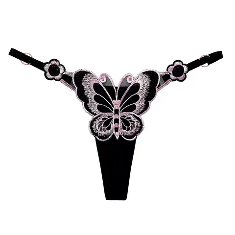 Tanga de Malla Transparente de Talle Bajo para Mujer Sexy Bordado de Mariposa Correas Ajustables Lencería de Tentación