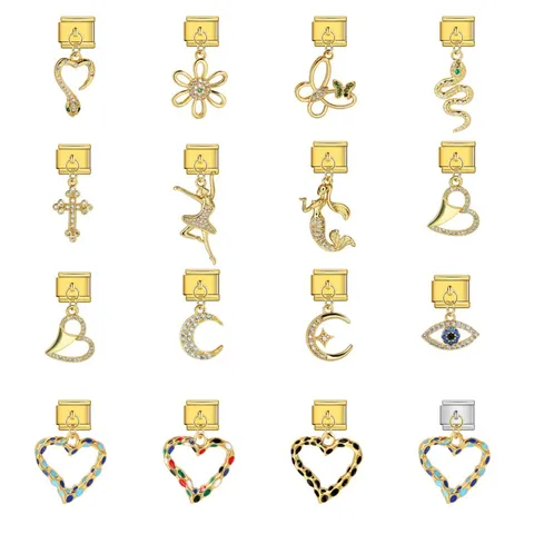Eslabón de Pulsera Modular Italiano de Acero Inoxidable Chapado en Oro Diamantes de Imitación Corazón Serpiente Cruz Mariposa Ballerina