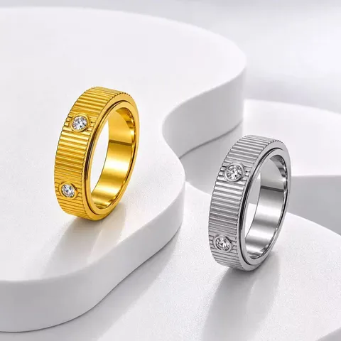 Luxus 304 Edelstahl Spinner Ring Gerippt Strass Eternity Band Anti Stress Dekompressionsring Für Paare Damen Herren Schmuck