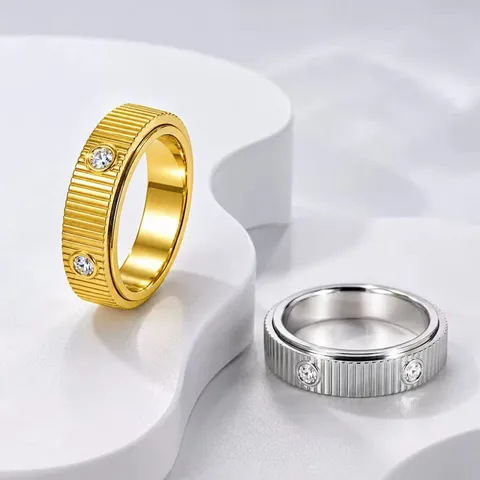 Luxus 304 Edelstahl Spinner Ring Gerippt Strass Eternity Band Anti Stress Dekompressionsring Für Paare Damen Herren Schmuck