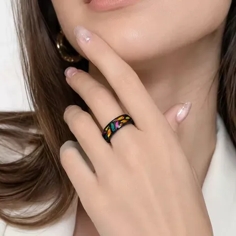 Westlicher Stil 304 Edelstahl Regenbogen Feder Muster Bandring Für Damen Herren Personalisierte Mode Schmuck