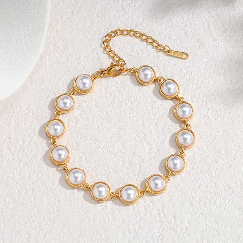 Bracelet en Acier Inoxydable Rétro Français Cœur Goutte d'Eau Perle Artificielle Doux Géométrique Bijou en Acier