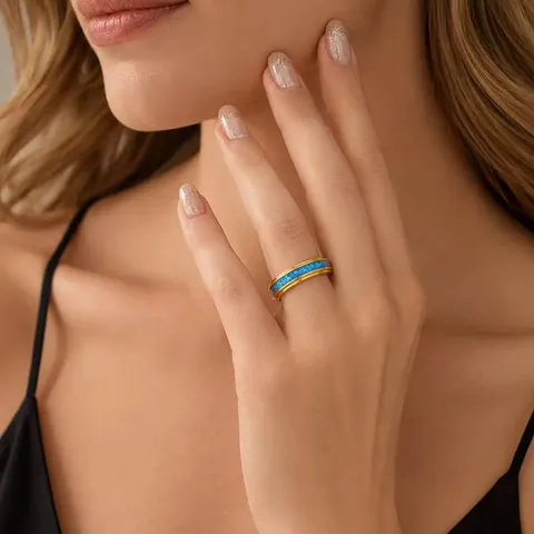 Blue Opal Spinner Ring For Men Women Stainless Steel Rotating Band Ring For Anxiety Relief Geometric Wide Finger Ring Jewelry