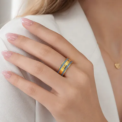 Vintage Breites Band Edelstahl Ring Mit Doppelreihigen Blauen Strasssteinen Geschnitztem Blumenmuster Für Damen Herren Westlichen Stil Schmuck