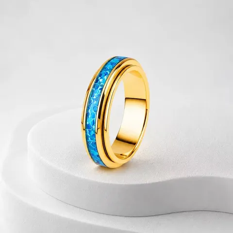 Minimalistischer 304 Edelstahl Spinner Ring Für Herren Damen Gold Silber Galvanisiert Geometrischer Breiter Blauer Künstlicher Opal Band Mode Ring