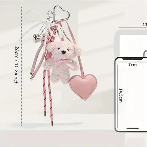 Portachiavi Orsetto di Peluche Carino Ciondolo da Borsa Con Cuore Perla Fiocco Peluche Animale Ciondolo per Borsa per Donne