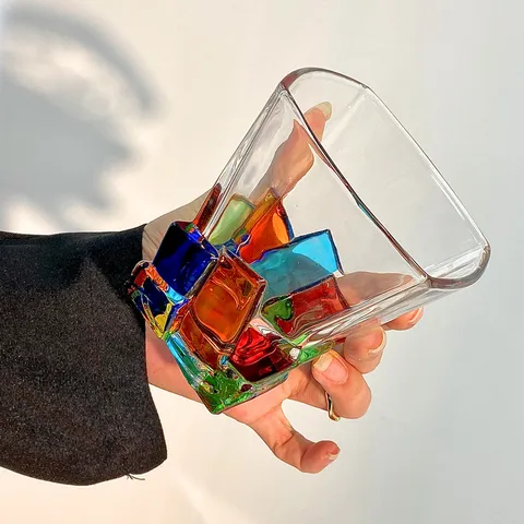Handgemaltes Glas Whiskey Becher Bunt Gestreift Und Gewebt Tumbler Für Bar Zuhause Trinkglas