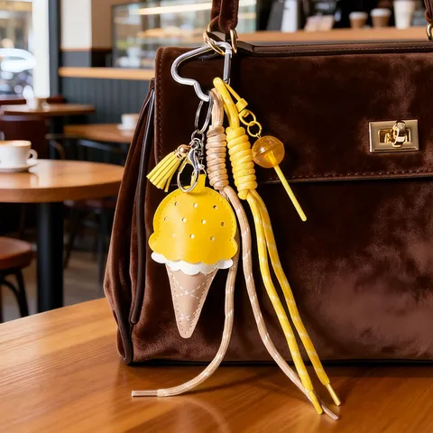Lindo Colgante de Bolso de Cuero PU Helado Con Cuerda Colorida Llavero Colgante de Bolso de Peluche Decoración de Moda