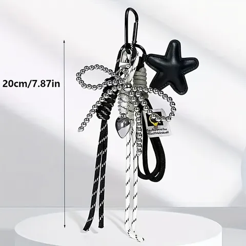 Ciondolo per Borsa con Fiocco di Perline Cuore Stella Y2K Carino Portachiavi in Pelle PU Accessorio Decorativo per Borsetta