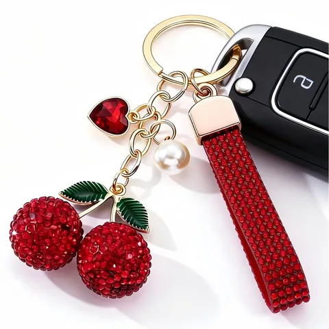 Portachiavi in Metallo Ciliegia Strass Carino Auto Borsa Charm Pendente Donna Accessori Moda