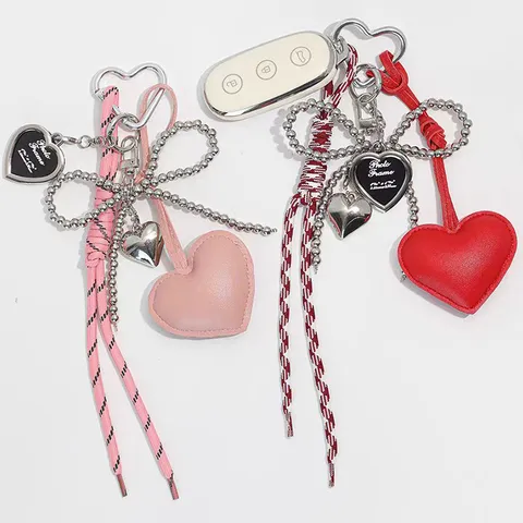 Portachiavi con Fiocco e Perline a Cuore DIY Ciondolo Borsa Chiave Auto Plastica e Resina Accessori Moda per Donna Regalo Quotidiano