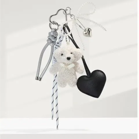 Portachiavi Orsetto di Peluche Carino Ciondolo da Borsa Con Cuore Perla Fiocco Peluche Animale Ciondolo per Borsa per Donne