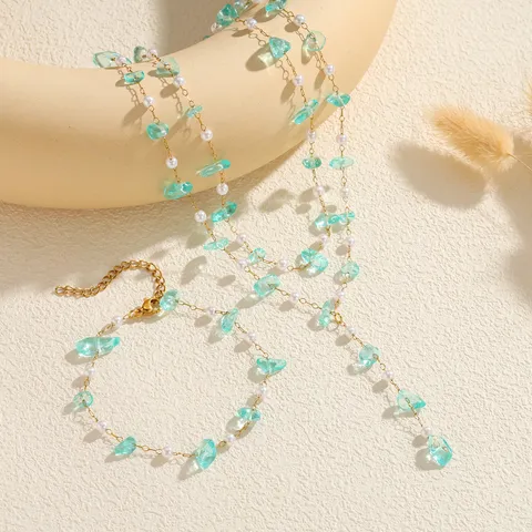 Niche Design Lake Blue Natural Stone Layered Tassel Necklace And Bracelet Jewelry Set For Women Stainless Steel Handmade Beaded Clavicle Chain Artificial Pearl Necklaces