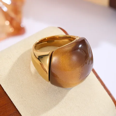 Vintage Edelstahl Gold Bernstein Marmoriertes Harz Geometrischer Ring Maillard Stil Retro Statement Damen Schmuck Fingerring