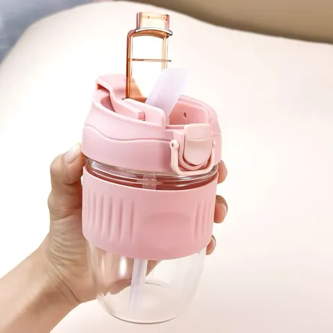 Bicchiere da Caffè in Vetro Resistente al Calore Portatile Con Cannuccia e Custodia in Silicone Tazza d'Acqua da Viaggio a Doppio Uso per la Casa