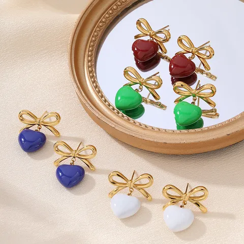Süßes Edelstahl Herz Schleife Schmuckset Vergoldet Emailliert Ohrringe Offener Ring Mode Schmuck Für Damen Party Alltag Accessoires