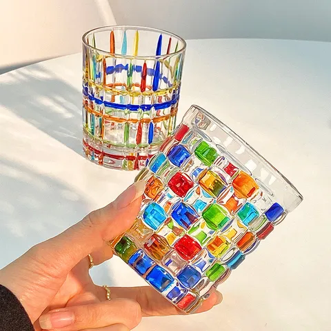 Handgemaltes Glas Whiskey Becher Bunt Gestreift Und Gewebt Tumbler Für Bar Zuhause Trinkglas