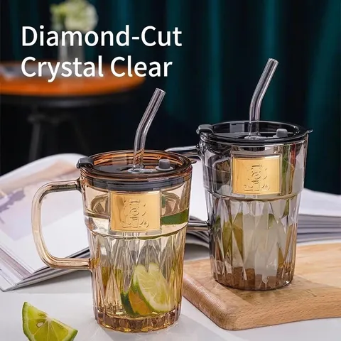 Retro Glas Strohhalmbecher Mit Deckel Bär Relief Diamant Textur Kaffee Saft Milch Glasbecher Für Haus Büro Trinken