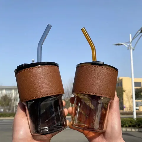 Tazza da Caffè in Vetro Sodico-Calcico Resistente al Calore Impilabile a Forma di Bambù Con Coperchio Cannuccia Custodia Protettiva