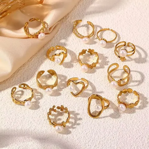 Minimalistische Geometrische Linie Edelstahl Offener Ring Für Damen Nischen-Design Vergoldet Künstliche Perle Verstellbarer Mode Fingerring