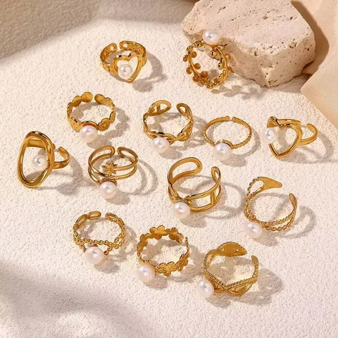 Minimalistische Geometrische Linie Edelstahl Offener Ring Für Damen Nischen-Design Vergoldet Künstliche Perle Verstellbarer Mode Fingerring