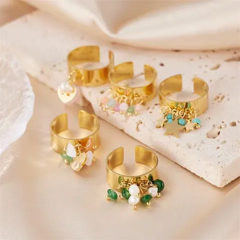 Vintage 18K Vergoldeter Edelstahl Offener Ring Für Damen Naturstein Künstliche Perle Anhänger Stern Schmetterling Geometrisch Breit Verstellbar Modeschmuck Geschenk