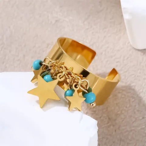 Vintage 18K Vergoldeter Edelstahl Offener Ring Für Damen Naturstein Künstliche Perle Anhänger Stern Schmetterling Geometrisch Breit Verstellbar Modeschmuck Geschenk
