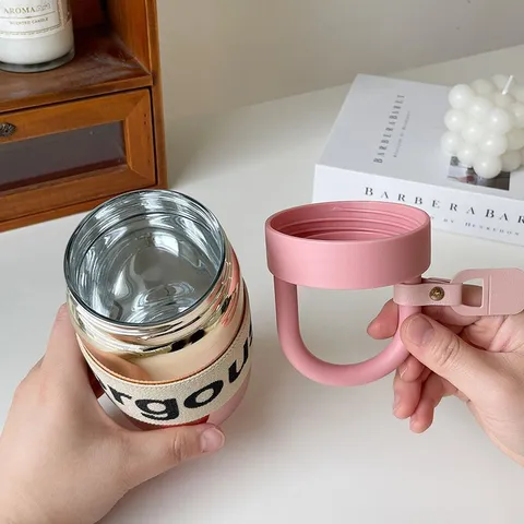 Bottiglia d'Acqua in Vetro Sfumato Stile Ins Con Manico Portatile e Custodia Protettiva in Maglia Bicchiere in Vetro Borosilicato Resistente al Calore per Donna Ufficio Viaggio