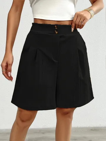 Women High Waisted Wide Leg Shorts Casual Loose Pleated Front Summer Bottoms Double Button Design Woven Trousers