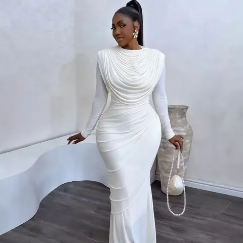 Elegant Women Ruffled Bodycon Maxi Dress Long Sleeve Solid Color Temperament Slim Fit Dress For Party Banquet Date Night