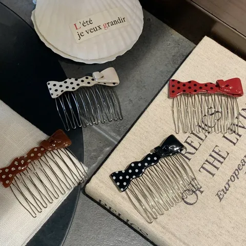 Sweet Polka Dot Bow Hair Insert Comb Acetate Side Bangs Clip Vintage High Cranial Top Princess Hair Accessories For Women