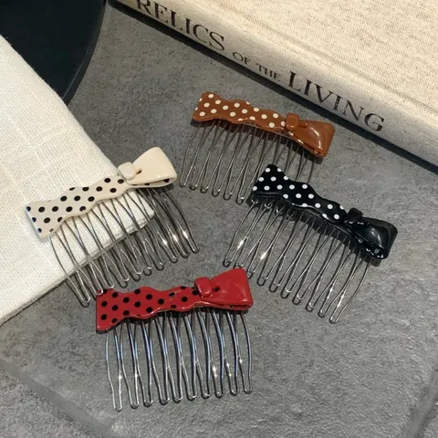 Sweet Polka Dot Bow Hair Insert Comb Acetate Side Bangs Clip Vintage High Cranial Top Princess Hair Accessories For Women