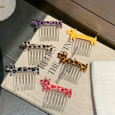 Cute Dog Shape Leopard Print Acetate Hair Comb Metal Teeth Korean Style Side Fringe Clip Hair Styling Tool For Women