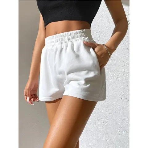 Women High Waist Elastic Band Sweat Shorts Casual Loose Wide Leg Athletic Shorts With Pockets Summer Solid Color Bottoms