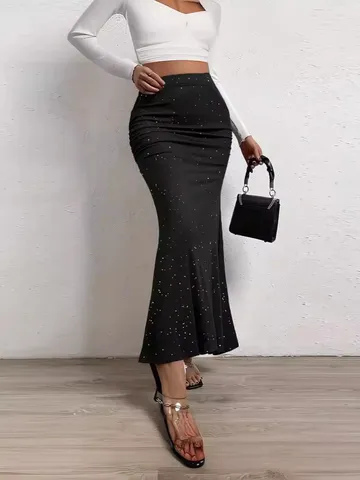 Women Sexy Sequin Mermaid Maxi Skirt High Waist Bodycon Slim Fit Fish Tail Long Skirt For Party Evening Wedding Elegant Shiny Skirt