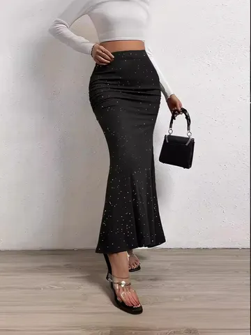 Women Sexy Sequin Mermaid Maxi Skirt High Waist Bodycon Slim Fit Fish Tail Long Skirt For Party Evening Wedding Elegant Shiny Skirt