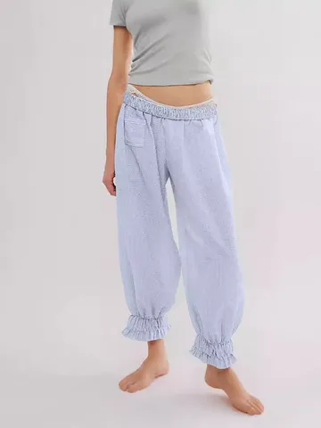 Women Striped Casual Pants Ruffle Hem Seersucker Texture Elastic High Waist Wide Leg Trousers With Pockets Polyester Spandex